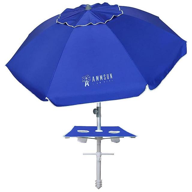 AMMSUN 7ft Heavy Duty High Wind Beach Umbrella with sand anchor, Integrated Bult-in Table & Tilt Sun Shelter, UV 50+ Protection Portable Outdoor Umbrella with Carry Bag for Patio Garden Beach Pool Backyard Navy