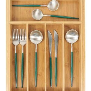VaeFae Bamboo Drawer Organizer, Expandable Silverware Drawer Organizer, Cutlery Tray with Dividers for Kitchen Utensils, Medium