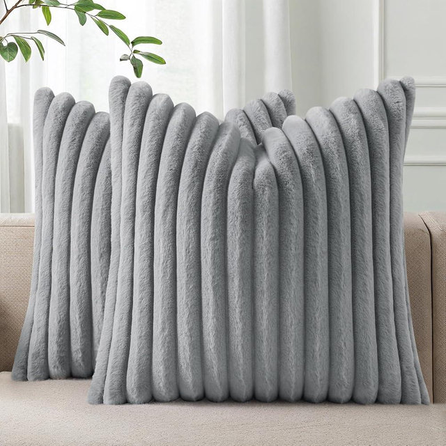Pallene Faux Fur Plush Throw Pillow Covers 22x22 Set of 2, Luxury Soft Fluffy Striped Decorative Pillow Covers for Sofa, Couch, Living Room, Grey