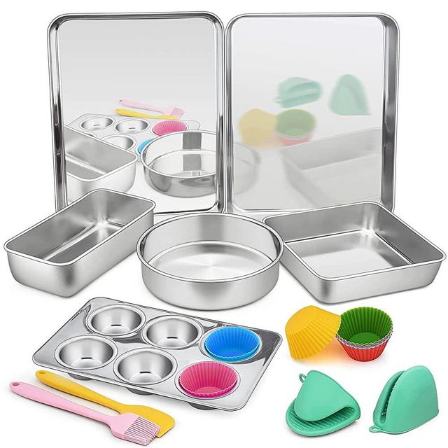 16 Pcs Bakeware Set, P&P CHEF Stainless Steel Bakeware With Kitchen Tools, Include Baking Sheet/Lasagna/Loaf/Muffin/Cake Pans, Silicone Spatula/Brush/Baking Cups/Oven Mitts, Dishwasher Safe