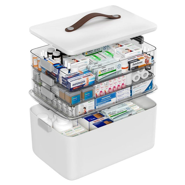MOPALL 4-Tier Medicine Organizer Storage Box, Portable Latch Bin with Lid and Leather Handle, Cabinet Closet Organization for Home Office, Pill Bottle, First Aid, Sewing, Art, Craft