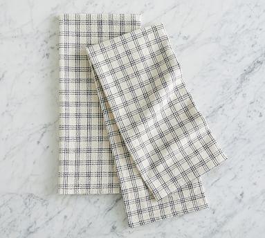 French Striped Patchwork Organic Cotton Tea Towels, Set of 2 - Charcoal/Flax