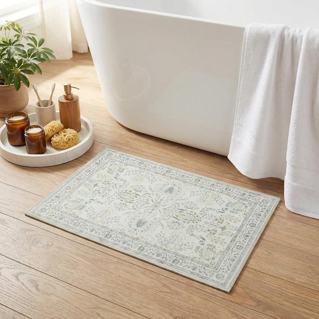 GRANNY SAYS Boho Bathroom Rugs 26"x 18" Non-Slip, Quick Dry & Washable, Vintage Bath Rug, Distressed Farmhouse Plush Velvet Bath Mat, Absorbent for Shower Toilet Sink, Pet Friendly - Vintage Beige