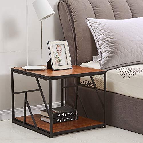 VECELO Modern End Wooden Side/Coffee Tea Table with Black Metal Frame (24in), Brown