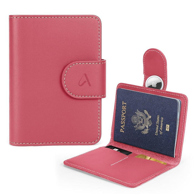 ALLIVE Rfid Passport Holder for Travel Women, Rfid Passport Cover Wallet, Genuine Leather Passport Holder for Travel with AirTag Hidden, Airport Essentials, Travel Gifts (Rose Pink)