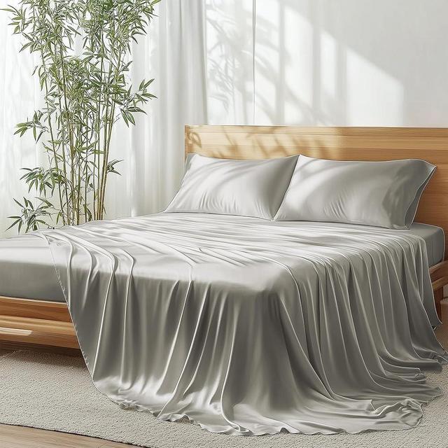 JSELF Bamboo Viscose Sheets California King Size Bed Sheets 4-Pcs Set, 100% Organic Bamboo Viscose 400 Thread Count Percale, Soft Cooling & Breathable Double Stitching Bedding, 16” Deep Light Grey