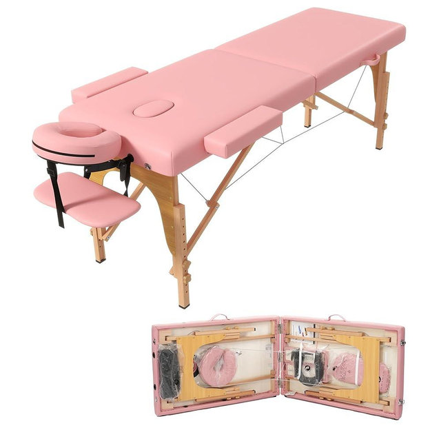 HENGJIANYI Massage Table Massage Bed, Portable 2 Section Foldable Tattoo Bed, Height Adjustable Lash Spa Bed with Face Cradle, Home Light Weight Facial Salon Bed with with Wood Frame, Light Pink