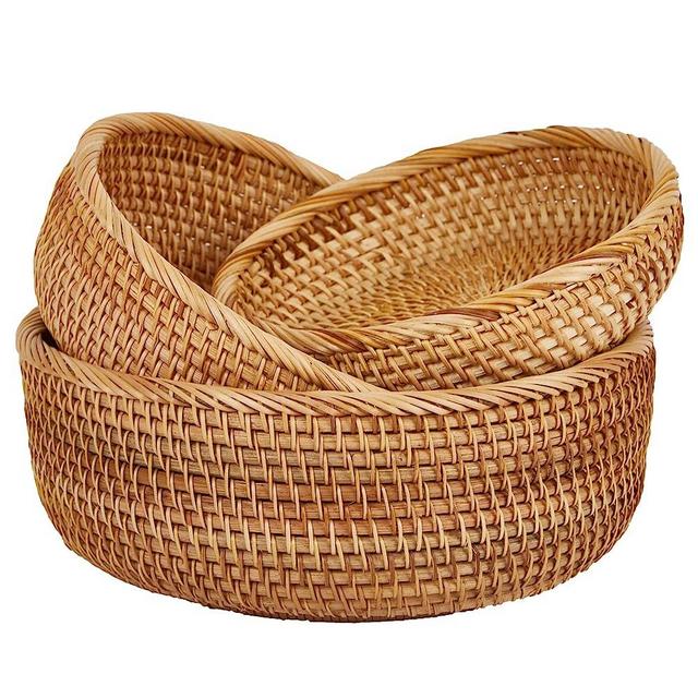 Whalehub Natural Rattan Round Fruit Basket Bowls, Hand Woven Decor Serving Baskets, Wicker Storage for Dinning Room (Round-Combo)