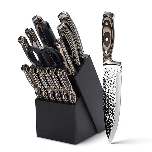Knife Set,15 Pieces Kitchen Knife Set with Wooden Block,High Carbon Japanese Stainless Steel Knife Block Set,Ultra Sharp, Full-Tang Design ,Irregular Hammer Pattern