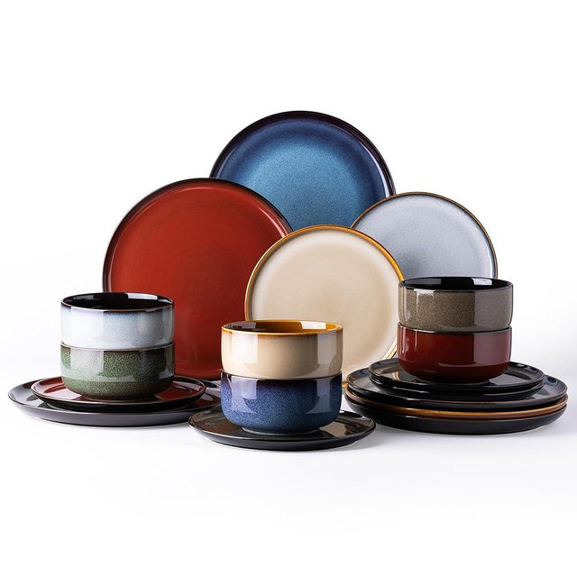 LeRatio Ceramic Dinnerware Sets of 6,Poreclain Plates and Bowls Sets,Handmade Reactive Glaze Dishes Set,Chip Resistant and Scratch Resistant | Oven&Dishwasher & Microwave Safe)-Colorflu(18PCS)