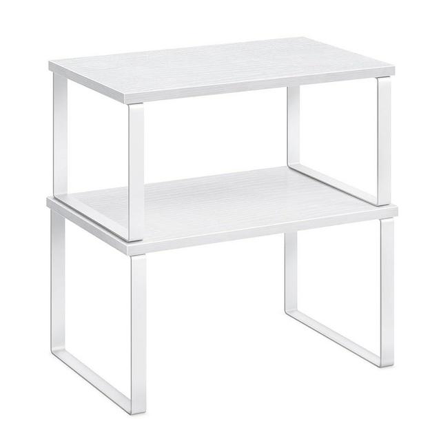 SONGMICS Cabinet Organizer Shelf, Set of 2 Kitchen Counter Shelves, Kitchen Storage, Spice Rack, Stackable, Expandable, Metal and Engineered Wood, Cloud White and Snow White UKCS02W01