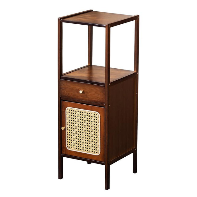 Welnow 3-Tier Narrow Wood Bookcase with Rattan Door and Drawer, Mid-Century Modern Small Bookshelf and Storage Cabinet, Versatile Tall Floor Shelf for Living Room, Bedroom,Walnut