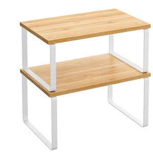 SONGMICS Cabinet Organizer Shelf, Set of 2 Kitchen Counter Shelves, Kitchen Storage, Spice Rack, Stackable, Expandable, Metal and Engineered Wood, 11.7 Inches, Cloud White and Natural Beige UKCS02NW