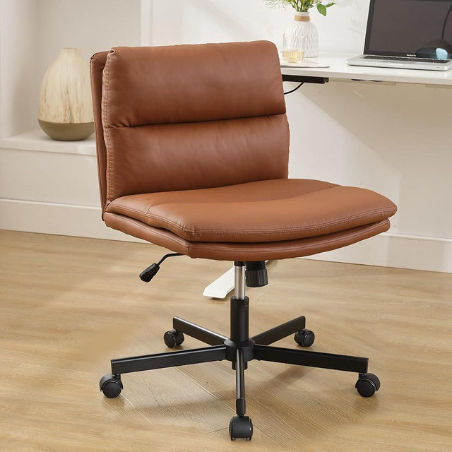 Okeysen Criss Cross Chair with Wheels, Armless Wide Seat Cross Legged Comfy Office Desk Chair, PU Leather Height Adjustable Swivel Computer Task Chairs for Home, Office, Vanity, Brown