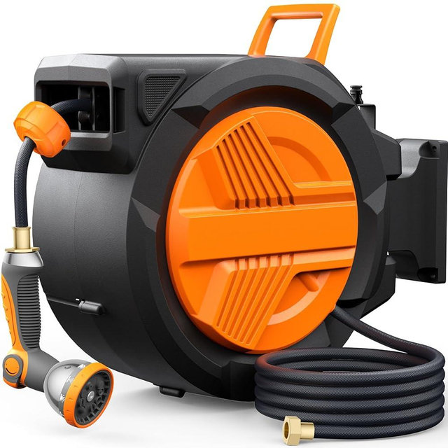 VACOOR Retractable Garden Hose Reel 1/2" x 100ft, Auto Rewind, Heavy-Duty Wall-Mounted Outdoor Hose, 10-Mode Nozzle, Adjustable Length, 180° Rotation Bracket for Watering, Car Cleaning, Pet Washing