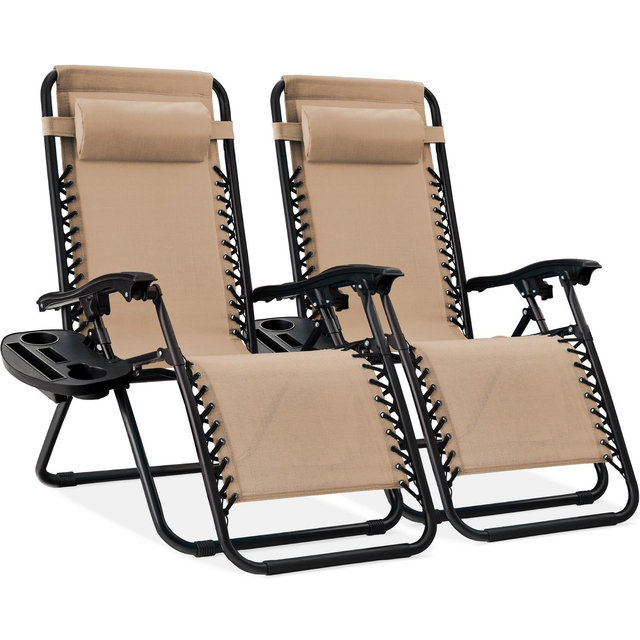 Best Choice Products Set of 2 Zero Gravity Lounge Chair Recliners for Patio, Pool w/ Cup Holder Tray - Sand