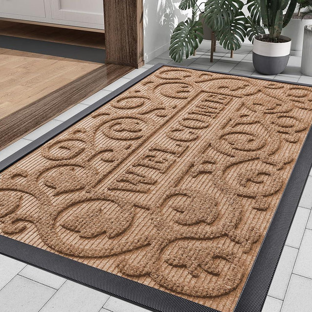 Smiry Welcome Door Mat Outside Entrance, Heavy Duty Trap Dirt and Moisture Easy Clean Low Profile Patio Porch Indoor Outdoor Front Doormat for Entry, 35x23 Inch, Coffee