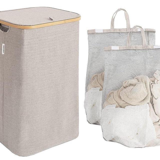 StorageWorks Large Laundry Hamper with Lid, 100L Tall Laundry Basket with Bamboo Handles and 2 Removable Inner Bag, Collapsible Laundry Hamper for Clothing, Toys, Towels, Brown and Beige, 1-Pack