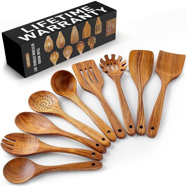 Zulay Kitchen 9-Piece Teak Wooden Utensils for Cooking - Smooth Finish Natural Teak Utensil Set - Non-Stick Wooden Spoons for Cooking - Kitchen Gift Set - Comfortable Grip Wooden Utensil Set