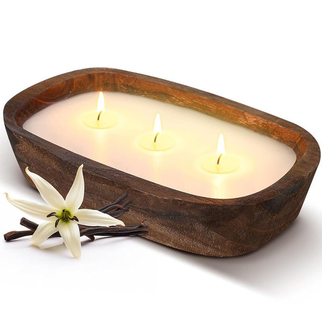 Threlaco 1 Pack 10 oz Wood Dough Bowl Candles Home Rustic Dough Bowl Soy Candle 3 Wick Scented Candles Gifts for Men Women Farmhouse Table Centerpiece Home Decor for Christmas(Vanilla)