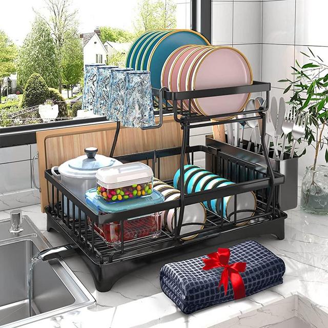 Dish Drying Rack with Drainboard, 2-Tier Dish Racks for Kitchen Counter, Dish Drainer Set with Utensils Holder, Large Capacity Dish Strainers with Extra Drying Mat (Black)