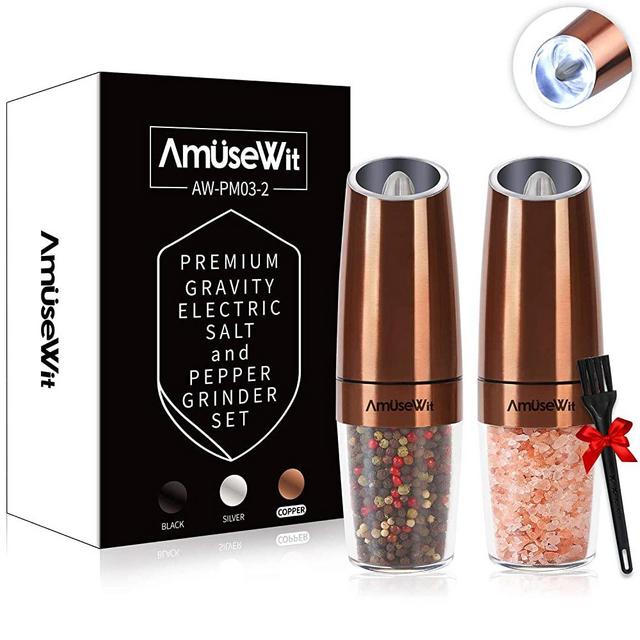 Gravity Electric Salt and Pepper Grinder Set - Battery Operated Automatic Salt and Pepper Mills with White Light,Adjustable Coarseness,One Handed Operation,Cleaning Brush,Copper by AmuseWit