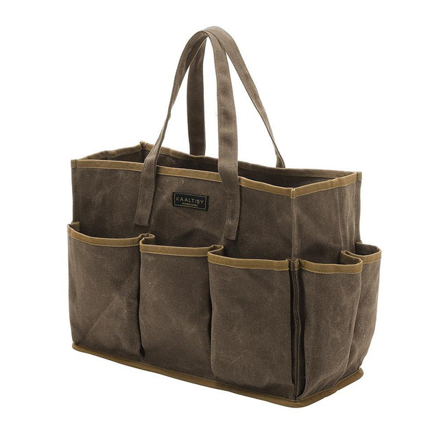 16OZ Waxed Canvas Tool Tote Bag for Garden Tools Wrench Set & Screwdrivers | 11-Pocket Garden Tool Bag with Portable Handles, Multi-Purpose Tool Storage Organizer (14"L x 5.5"W x 10.5"H) – Grey