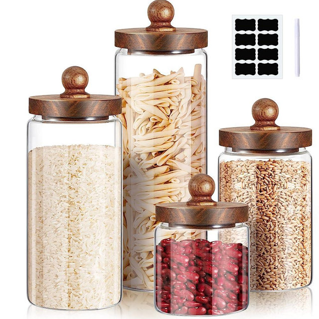 Gerrii Glass Storage Jars Set of 4, Clear Food Storage Containers with Wooden Lids Airtight Kitchen Canisters with Sticker and Chalk for Candy Cookie Rice Sugar Flour Pasta Nuts Beans Spice, 4 Sizes