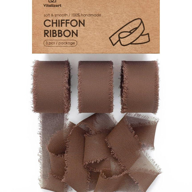 Vitalizart Brown Chiffon Silk Ribbon 1" x 21 Yd Fringe Fabric Package (3 Rolls * 7 Yd) for Wedding Invitations Bridal Bouquets Decorations Gifts Wrapping & Bow Making
