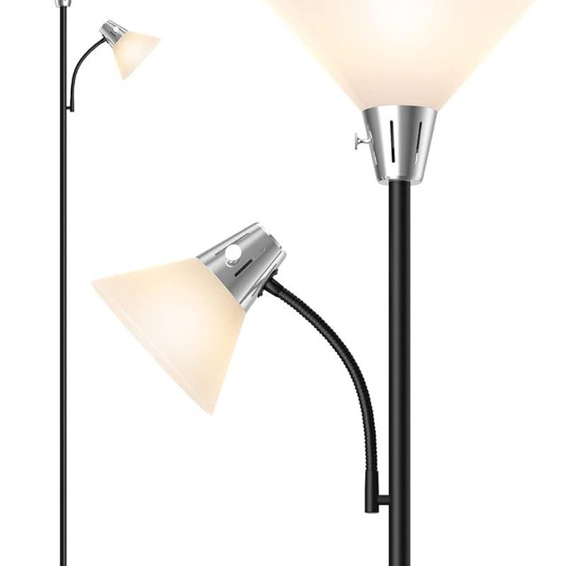 LEPOWER Floor Lamp, 9W LED Standing Lamp with 5W Adjustable Reading Light, Modern Bright Floor Lamp with Replaceable 3000K Energy-Saving LED Bulbs, Black Floor Lamps for Bedroom, Living Room, Office