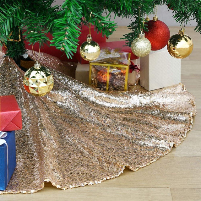 Champagne Gold Christmas Tree Skirt 48 Inch Sequin Large Tree Skirt for Christmas Decorations