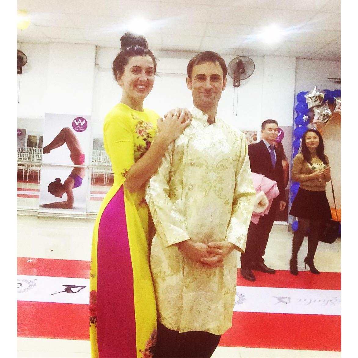 Post-fashion show, modeling in our custom Ao Zai. This designer was amazing. And we love the hosts, Shala Yoga, Hai Phong.