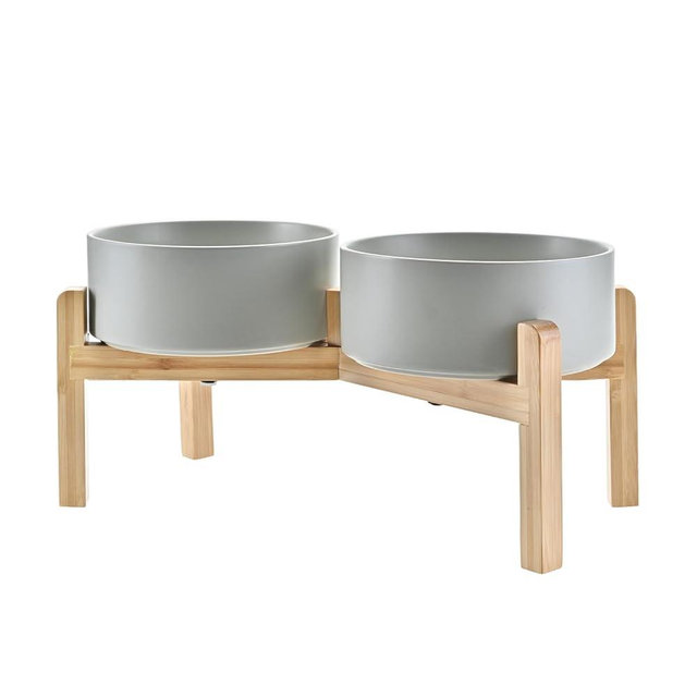 SPUNKYJUNKY Elevated Dog Bowls Ceramic, 7.3'' Dogs Food Water Bowls Raised with Non-Slip Bamboo Stand for Medium to Large Sized Breed Microwave Dishwasher Safe - 42 OZ,Grey