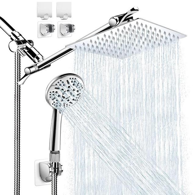 Shower Head with Handheld, High Pressure 8" Rain/Rainfall Shower Head Combo with 5FT Stainless Steel Hose, 11" Adjustable Extension Shower Arm, 9 Settings Anti-leak Shower Head with Holder, 2 Hooks