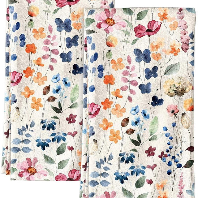 Miss Adola Flour Sack Kitchen Towels Set of 2-18x26 Cotton Dish Towels with Hanging Loop Reusable Tea Towel for Cleaning Spring Absorbent Dishcloths Cute Home Decor Housewarming, Watercolor Flower
