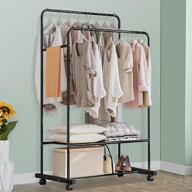 Untyo Clothing Rack with Wheels Double Rails Clothes Rack Rolling Rack for Indoor Bedroom Clothes Rack Max Load 110LBS Shelf on Wheels(Balck)