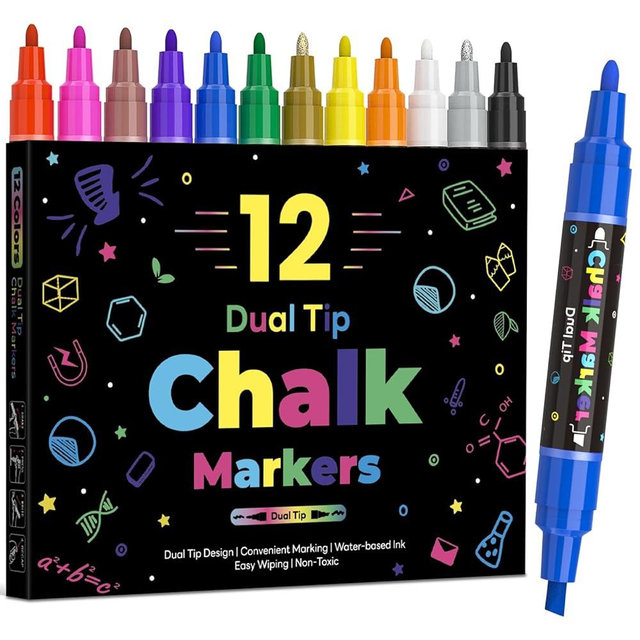 12 Dual Tip Liquid Chalk Markers - Erasable Chalk Markers for Blackboard, Chalkboard Signs, Glass, Chalk Pens Wet Erase Makers for Bar Menu, Shcool,Wedding Sign, Just Married Car Windows Decorations