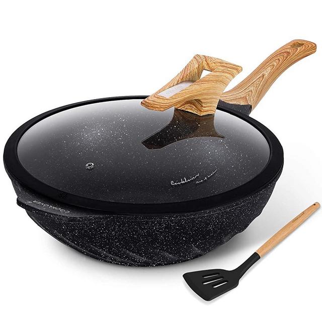 Chinese Wok Nonstick Die-casting Aluminum Dishwasher Safe Scratch Resistant PFOA Free Induction Woks And Stir Fry Pans with Glass Lid 12.6Inch,5.9L,5.6lb - Black