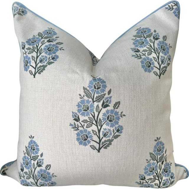 Jillien Harbor “The Camille” Decorative Pillow Cover – Blue & Whitel Floral Block Print Pillow Cover – Grandmillennial Home Decor, 24" x 24"