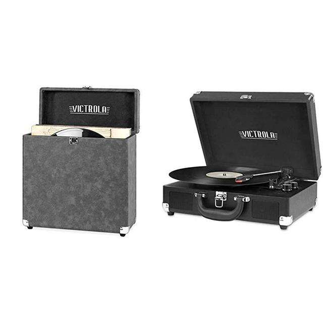 Victrola Vintage Vinyl Record Storage and Carrying Case, Gray, 1SFA (VSC-20-GRY) & Vintage 3-Speed Bluetooth Portable Suitcase Record Player with Built-in Speakers, Black, Model Number: VSC-550BT-BK