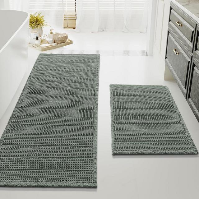H.VERSAILTEX Waffle Bath Mat Super Absorbent Bathroom Mats Non Slip Bath Rugs for Bathroom Floor Machine Washable Ultra Soft Bathroom Rugs for Beside Tub, (32 x 20 Plus 24 x 60 - Inches, Lichen)