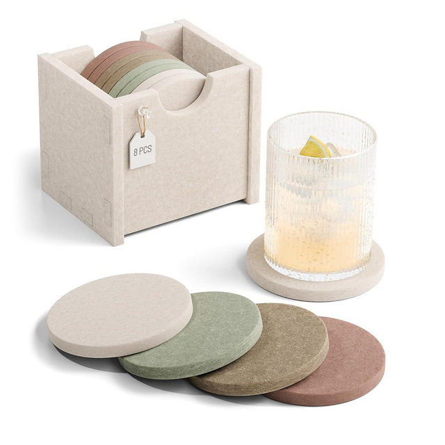 Fluxynara Felt Coasters for Drinks, Set of 8 Absorbent Coasters with Holder, Heat-Resistant & Reusable Round Design for Coffee Table & Living Room, 3.94 Inch, Boho