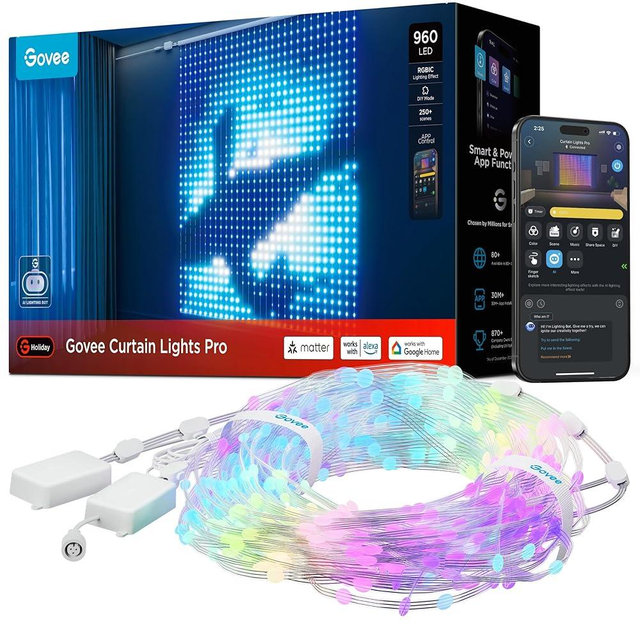 Govee Curtain Lights Pro, Upgraded 960 LEDs Smart Color Changing LED Curtain Lights with AIGC, Dynamic DIY String Lights for Bedroom Living Room Holiday Decor, Outdoor IP67 Waterproof, 5.41×5.77ft