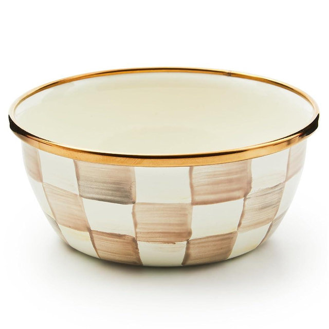 MACKENZIE-CHILDS Enamel Pinch Bowl, Small Bowl for Kitchen Ingredients, 1.5-Cup Capacity, Brown-and-White Mocha Check