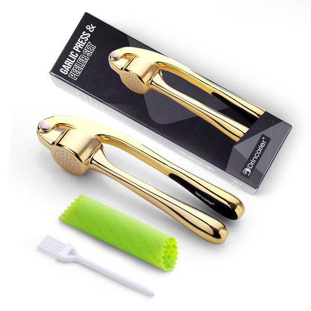 Drincarier Premium Garlic Press, Professional Garlic Mincer, Easy to Squeeze and Clean, Rust Proof & Dishwasher Safe, Efficient Ginger Crusher- Gold