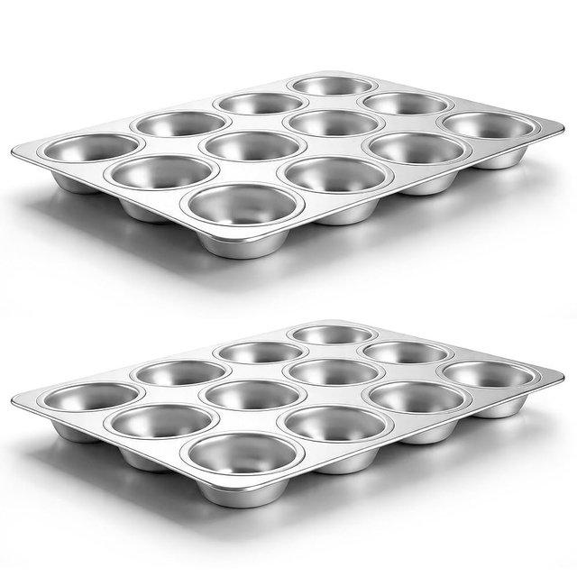 LIANYU 12 Cups Muffin Pan for Baking, 2 Pack Stainless Steel Muffin Cupcake Tin, Regular Size Muffin Cupcake Tray Pan for Oven, Metal Cupcake Mold for Mini Muffin Cake, Non-toxic, Dishwasher Safe