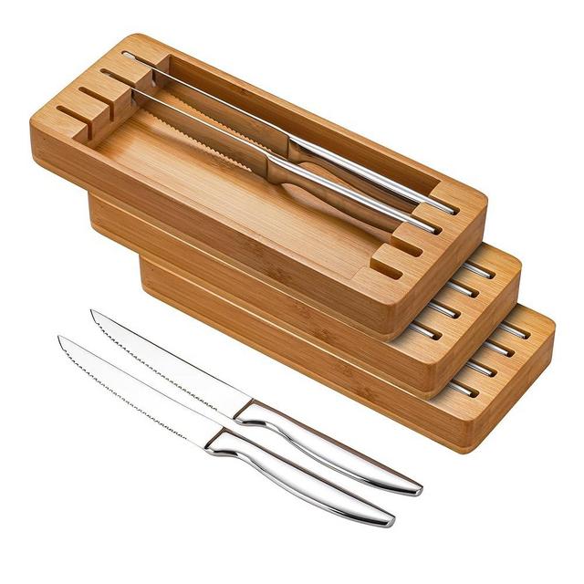 SuperCook Steak Knife Set of 12 with Block Holder, Serrated Steak Knife with Bamboo Storage Box Drawer Insert Organizer, Dishwasher Safe, Silver
