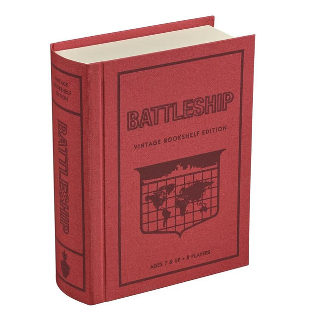 WS Game Company Battleship Vintage Bookshelf Edition Naval War Game Fabric-Wrapped Book Box, Folding Battle Cases, Vintage Display Board Games for 2 Players, Ages 7+