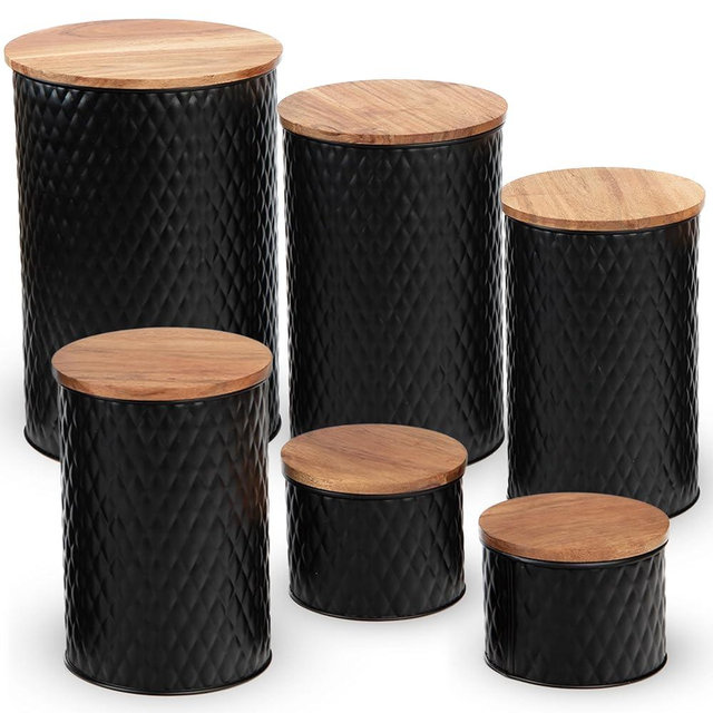 Alasitas 6 Canister Set for the Kitchen Countertop – Galvanized Metal Food Storage Canisters with Airtight Lids for Flour, Tea, Crafts, Coffee, & Sugar – Container Set with Modern Wood Lids, Black