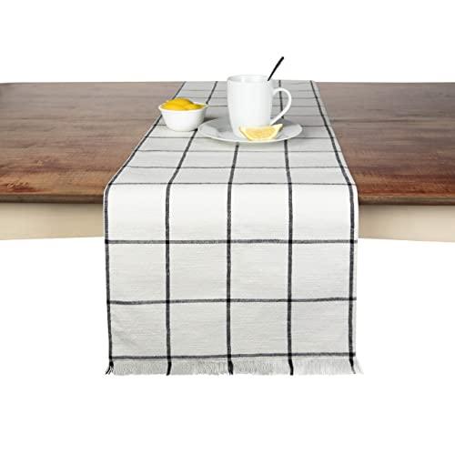Sticky Toffee Yarn Dyed Farmhouse Plaid Table Runner, 14 in x 72 in, Cream